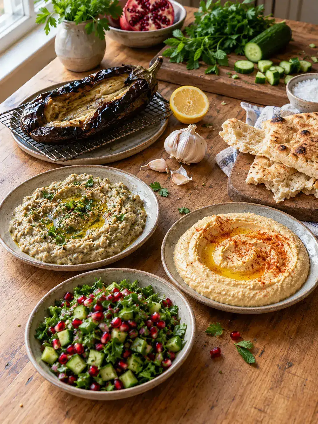 Werktafel tijdens de mezzeworkshop: baba ganoush, hummus en een salade met granaatappel naast een geblakerde aubergine, citroen en platbrood