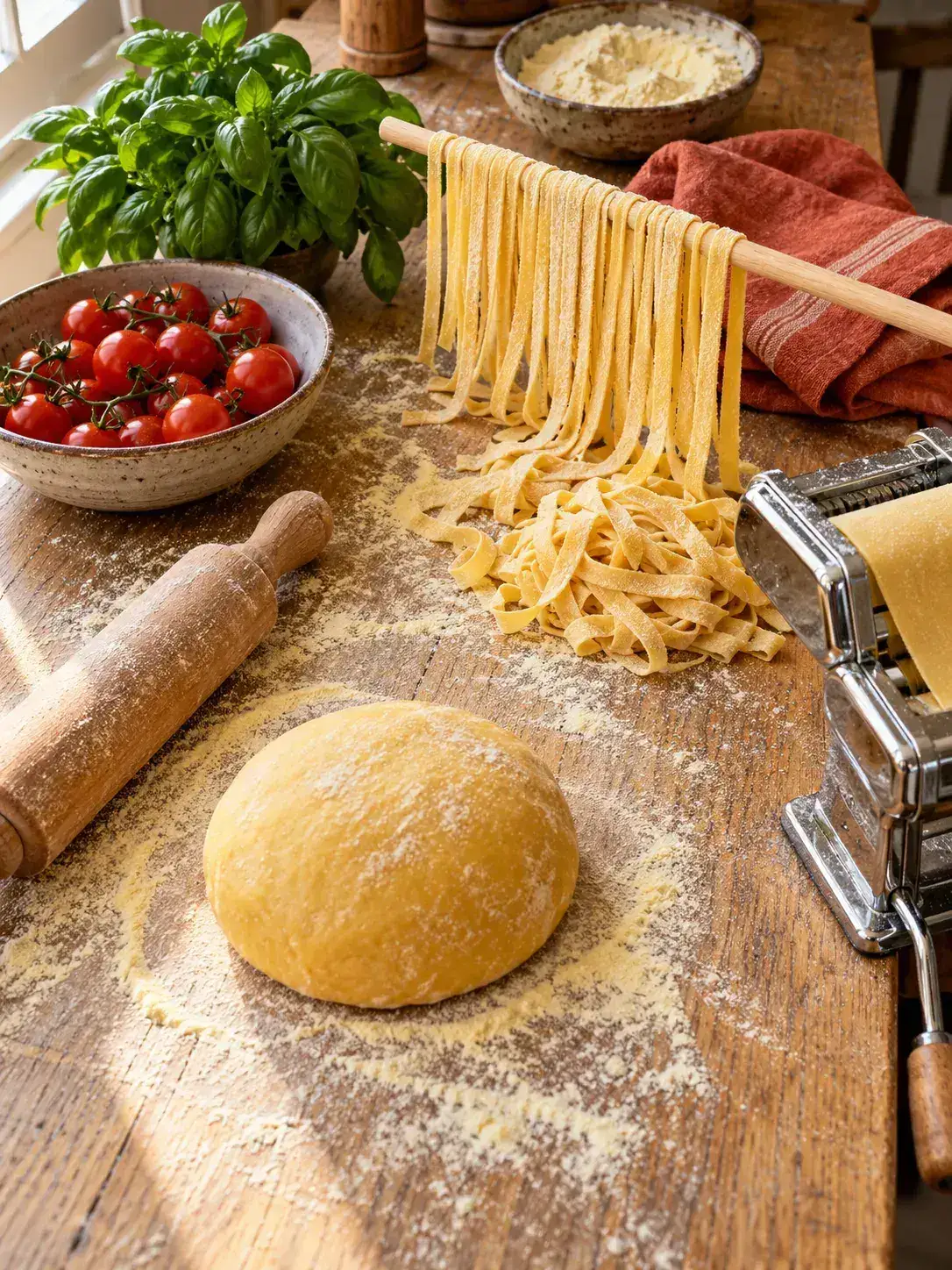 Werktafel tijdens de pastaworkshop: een bal eierdeeg op een plank met bloem, verse tagliatelle over een houten stok en een pastamachine aan de tafelrand
