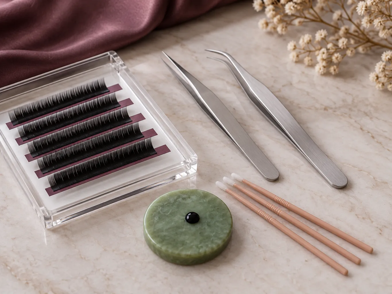 Werkblad met een lashtegel, twee pincetten, een jadesteen voor de lijm en nude borsteltjes