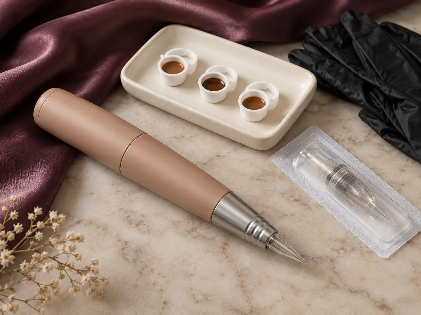 Een PMU-pen in nude naast een steriele naaldcartridge, pigmentcupjes en zwarte handschoenen