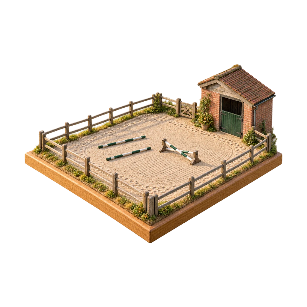 Diorama van een buitenbak met geharkt zand, een houten hek, balkjes op de grond en een staldeur in de hoek