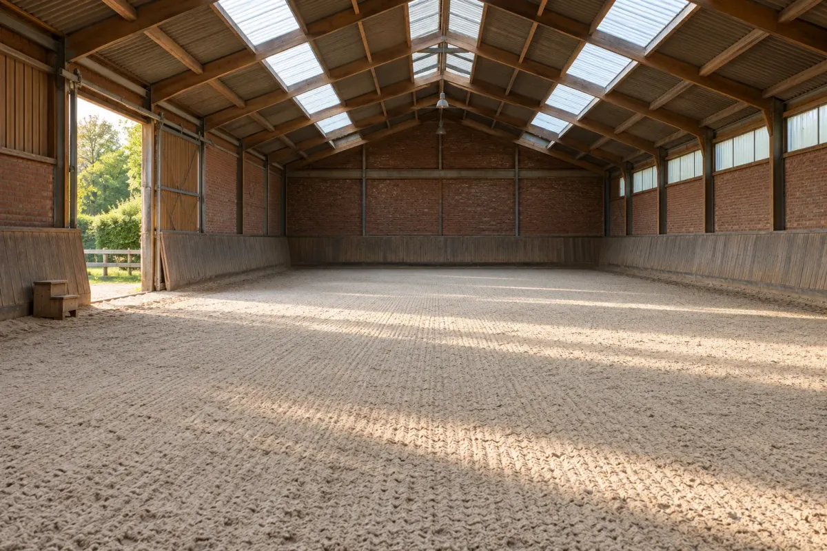 Lege binnenbak met geharkt zand en lichtstraten in het dak