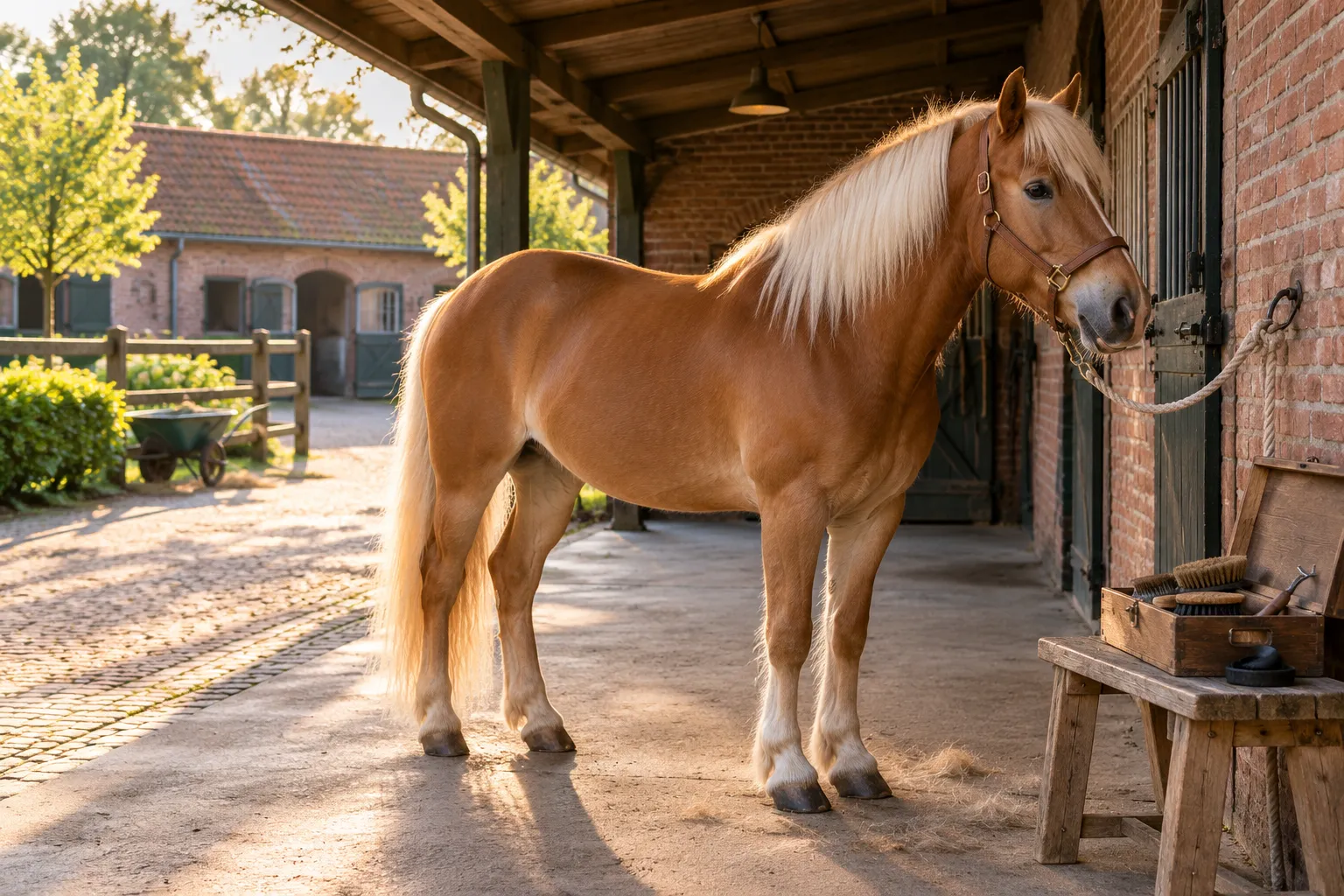 Haflinger met blonde manen op de poetsplaats naast een open poetskist