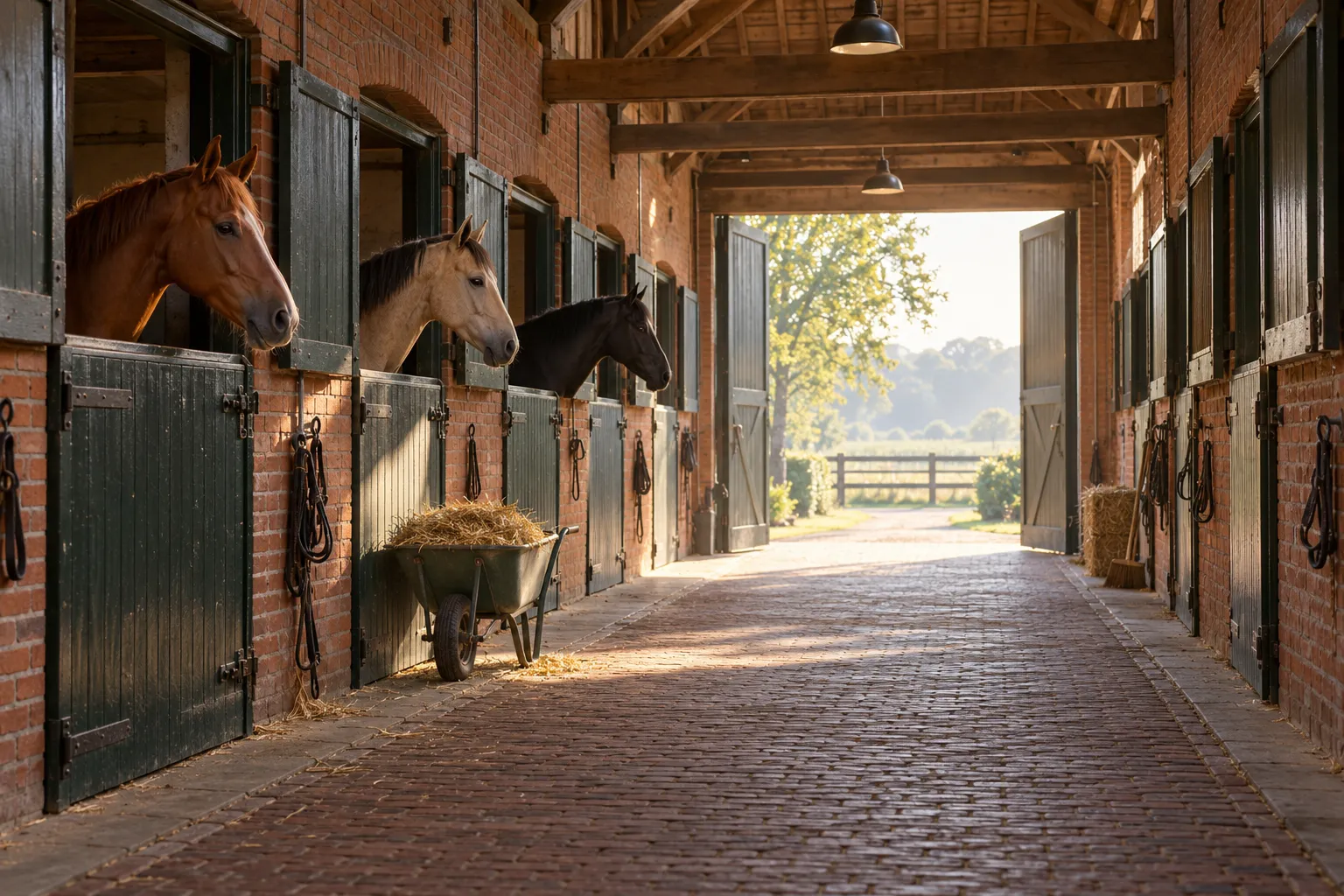 Stalgang in het ochtendlicht met drie paarden die over hun staldeur kijken