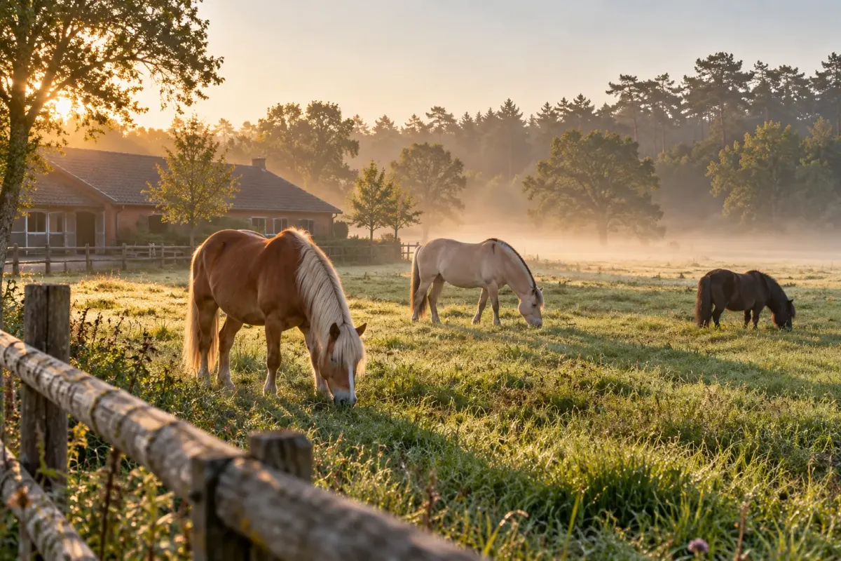 Drie paarden grazen in de weide achter een houten hek in de ochtendnevel