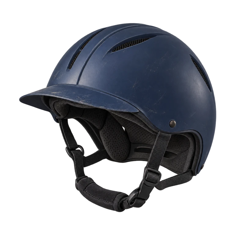 Donkerblauwe rijcap met kinband