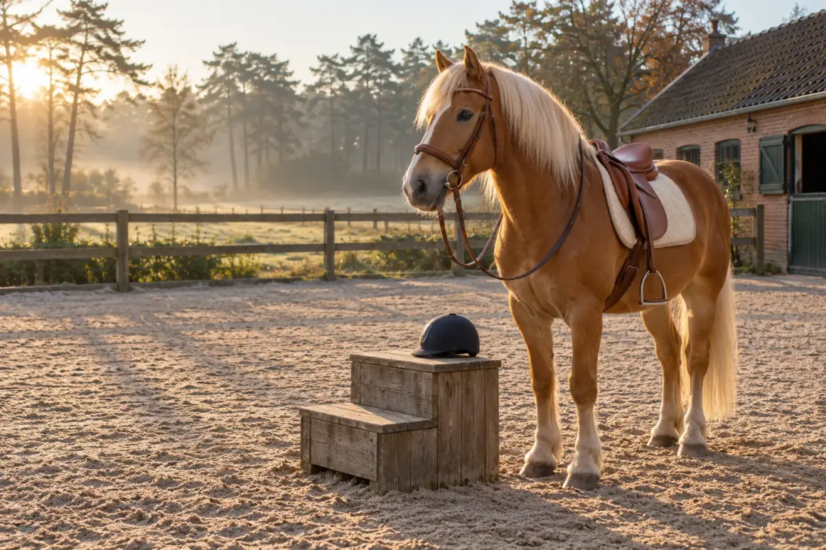 Opgezadelde haflinger naast een houten opstapblok in de buitenbak, met een cap op het blok