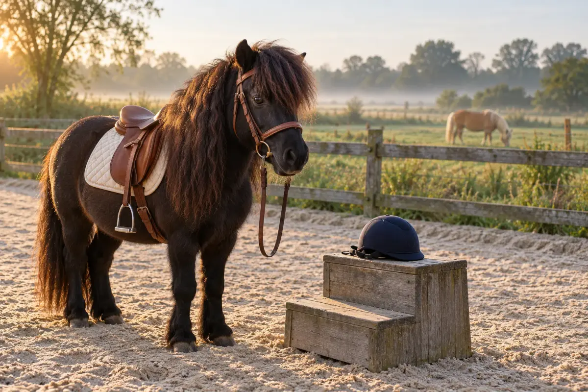 Zwarte shetlander naast een laag opstapblok met een kleine kindercap erop