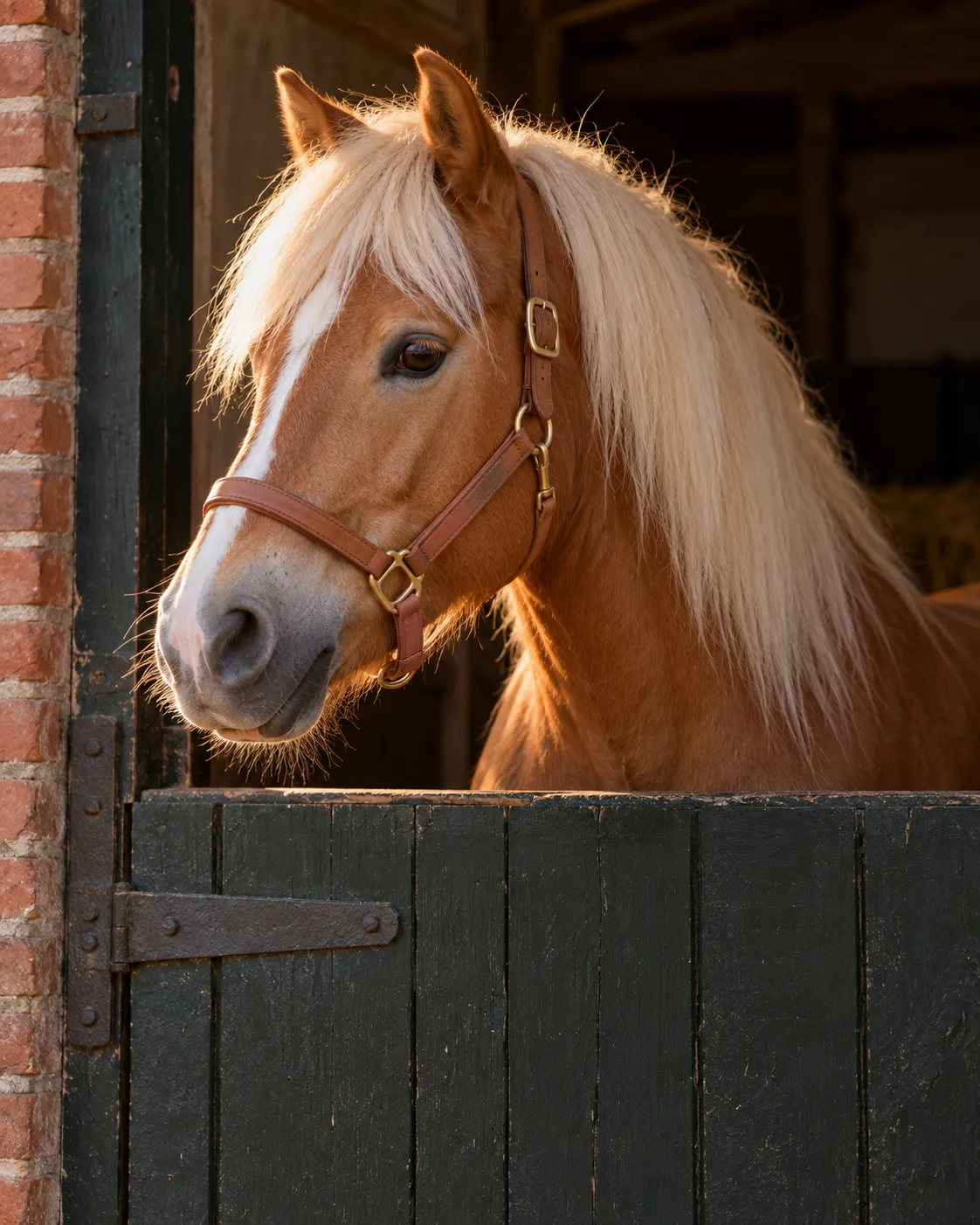 Bonnie, een haflinger met vlasblonde manen en een smalle bles, kijkt over de groene staldeur
