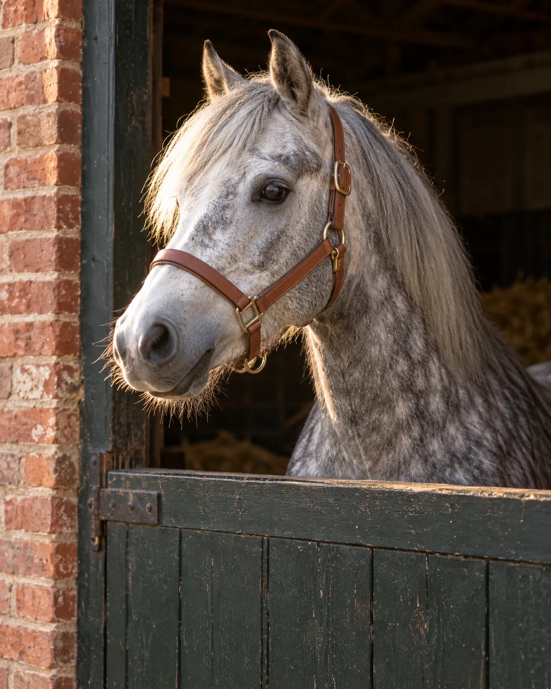 Joep, een appelschimmel welsh pony met grote donkere ogen, kijkt over de staldeur