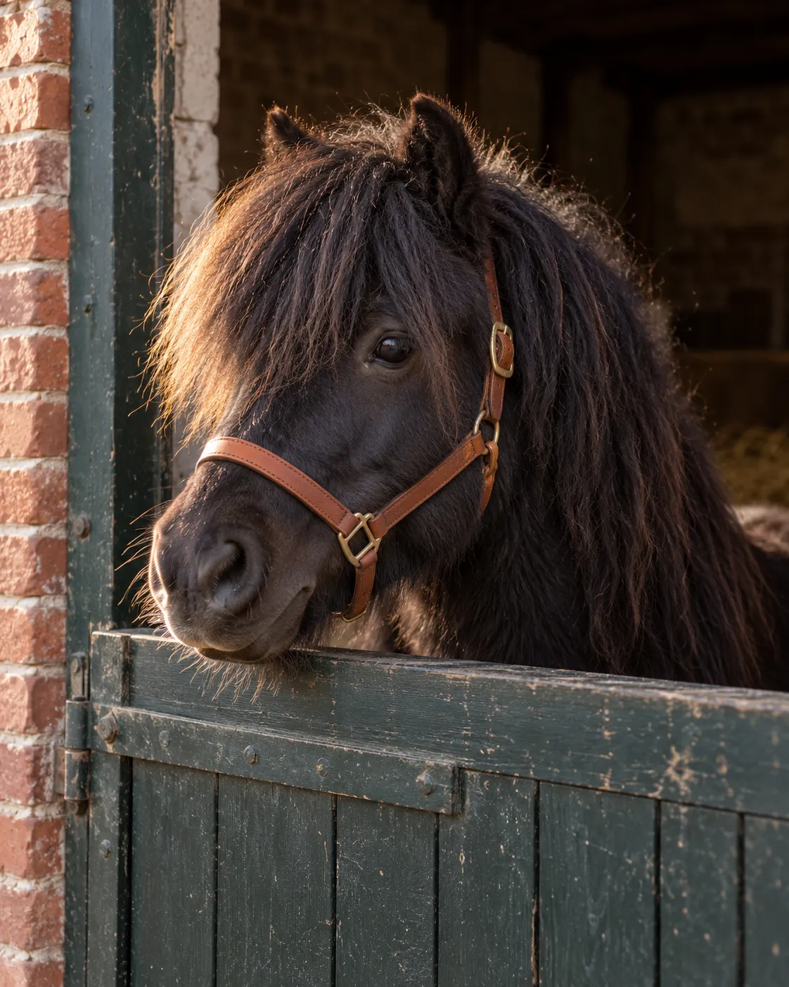 Pip, een kleine donkere shetlander met een dikke kuif, leunt met zijn neus op de lage staldeur