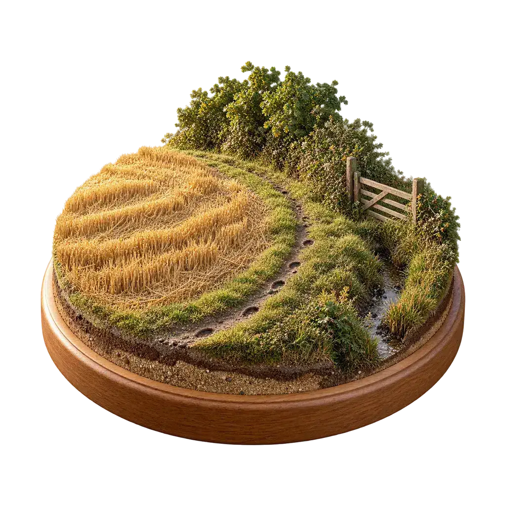 Diorama van een graspad langs een stoppelveld met een houtwal en een hek