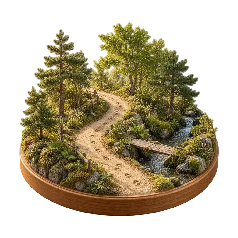 Diorama van het bospad met een spreng en een plankenbruggetje