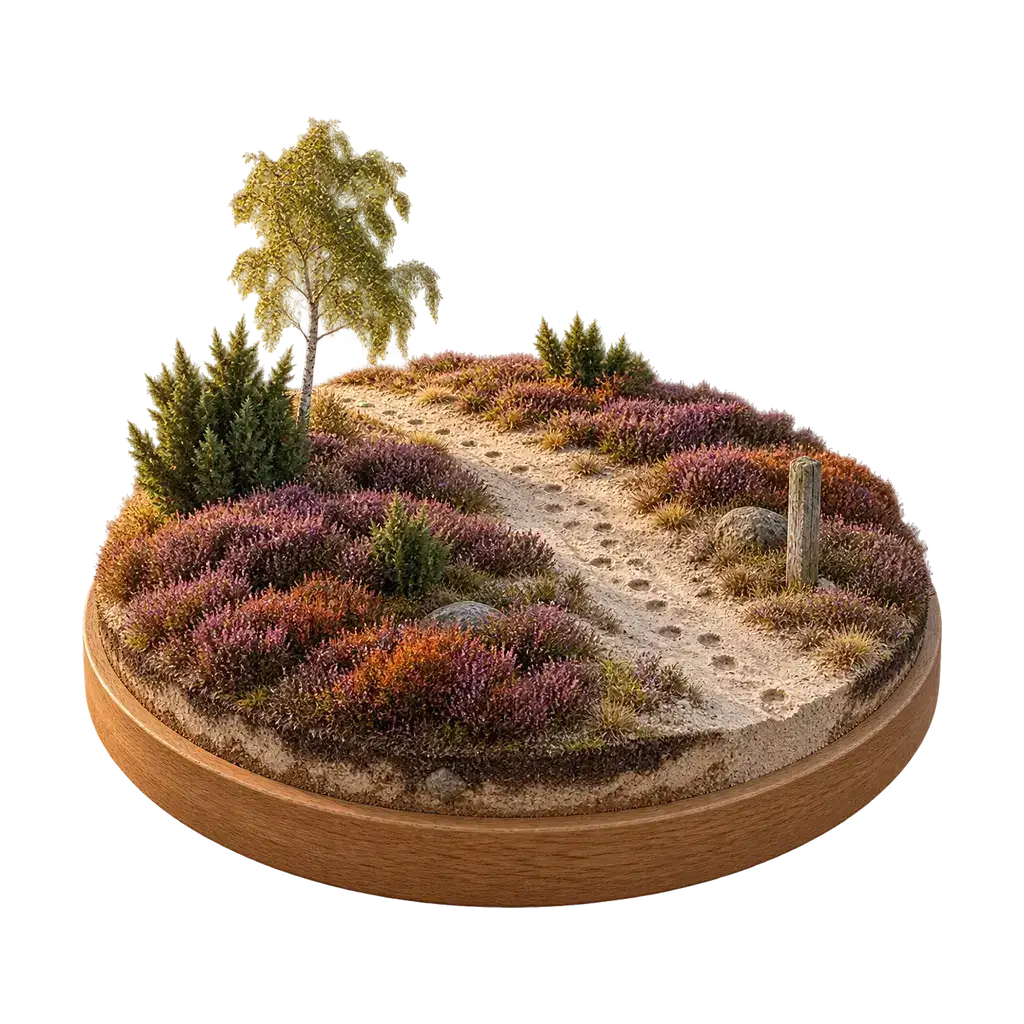 Diorama van de heide met een zandpad, jeneverbes en een berk