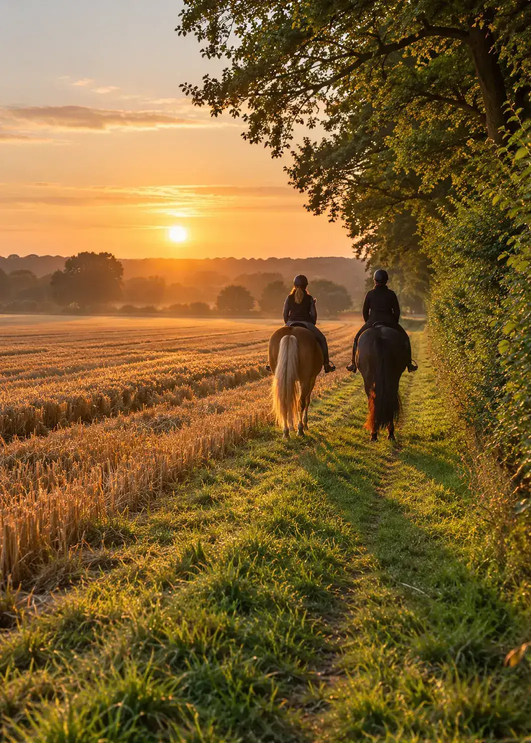 Twee ruiters van achteren langs een stoppelveld en een houtwal, met de lage avondzon voor hen