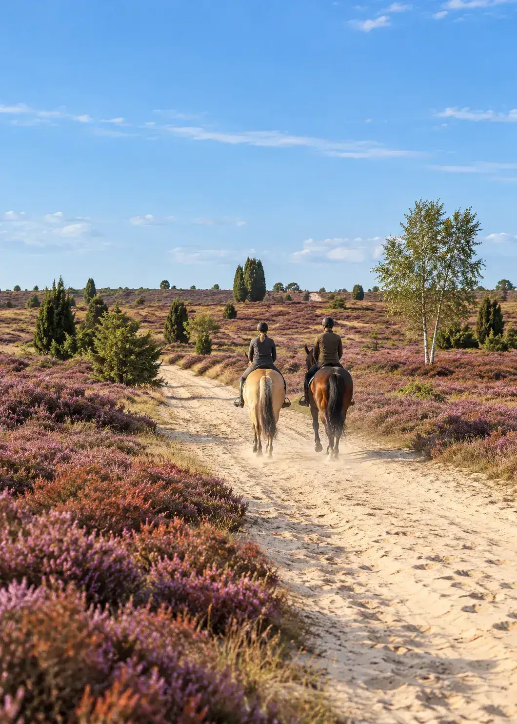 Twee ruiters van achteren in draf over een breed zandpad door bloeiende heide onder een blauwe lucht