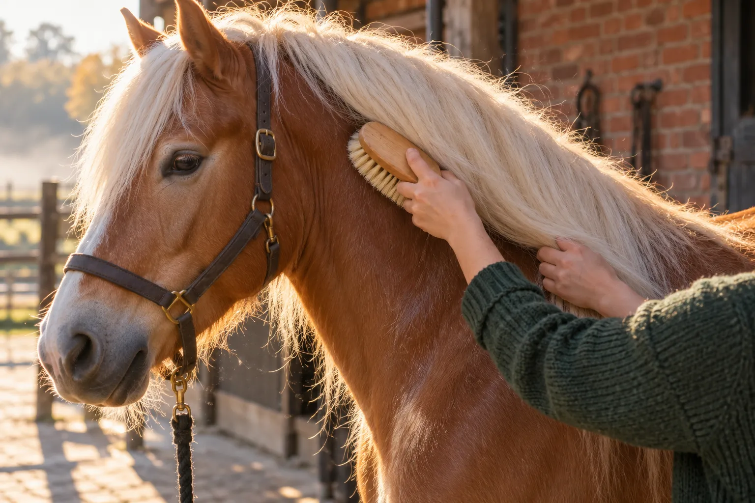 Twee handen borstelen met een zachte borstel de hals van een haflinger met blonde manen