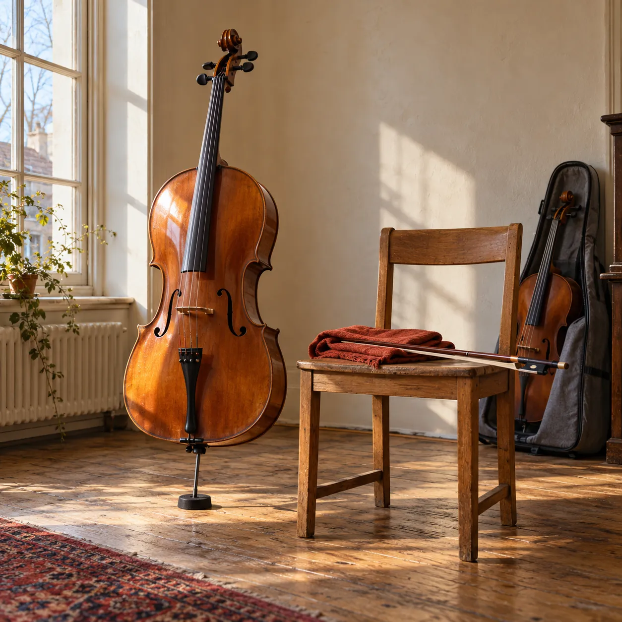 Het cellolokaal van Jorien: een cello op zijn pin naast een houten stoel, met een kleinere cello in een hoes tegen de muur