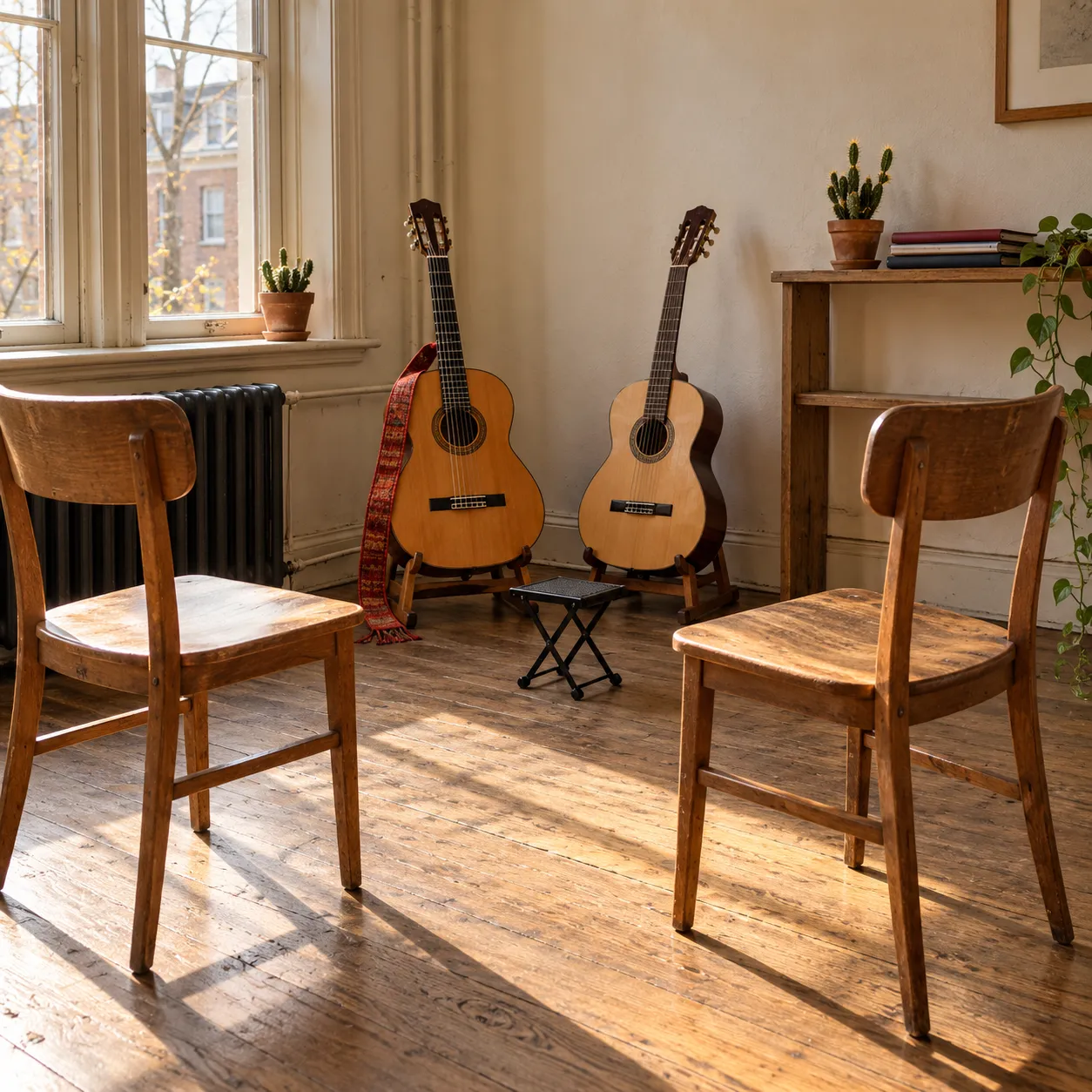 Het gitaarlokaal van Daan: twee klassieke gitaren op standaards, een voetenbankje en twee stoelen tegenover elkaar