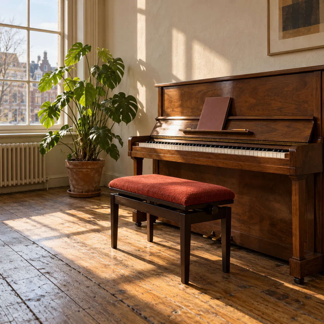 Het pianolokaal van Mira: een notenhouten piano tegen een gestucte muur, een bank met een rood kussen en een plant bij het raam