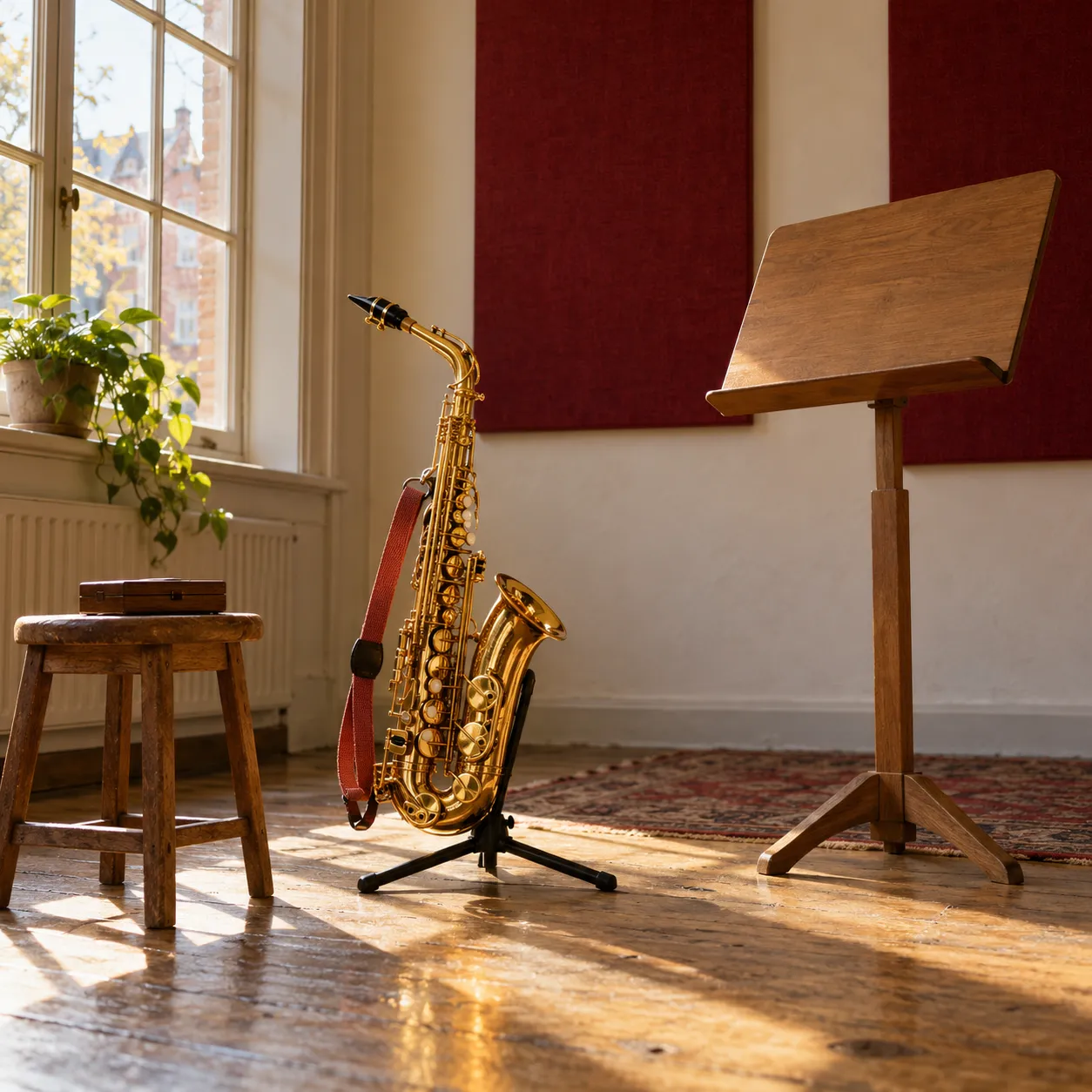 Het saxofoonlokaal van Kees: een altsaxofoon met rode nekband op een standaard en rode akoestische panelen aan de muur