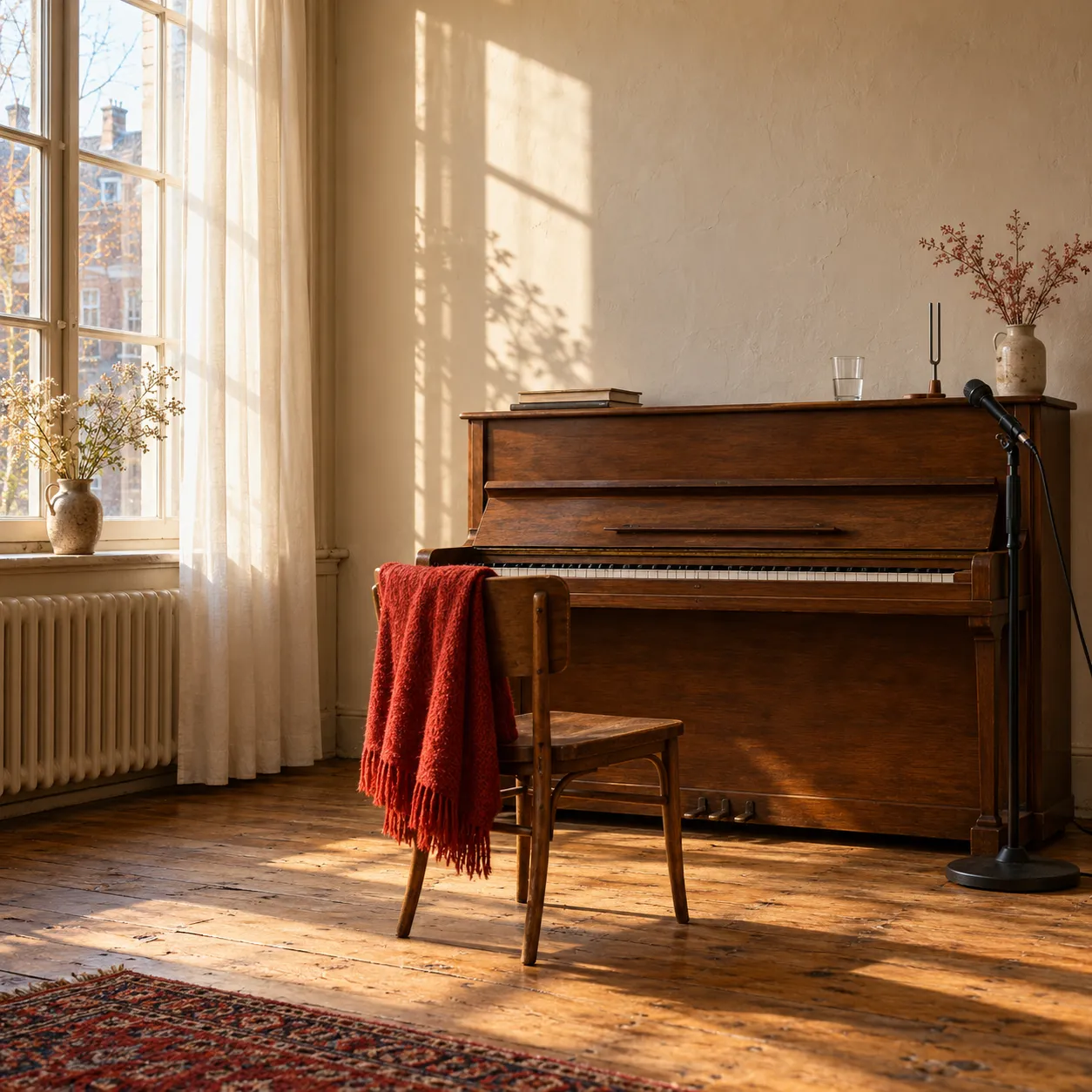 Het zanglokaal van Femke: een kleine piano, een microfoon op een standaard en een stoel met een rode wollen plaid