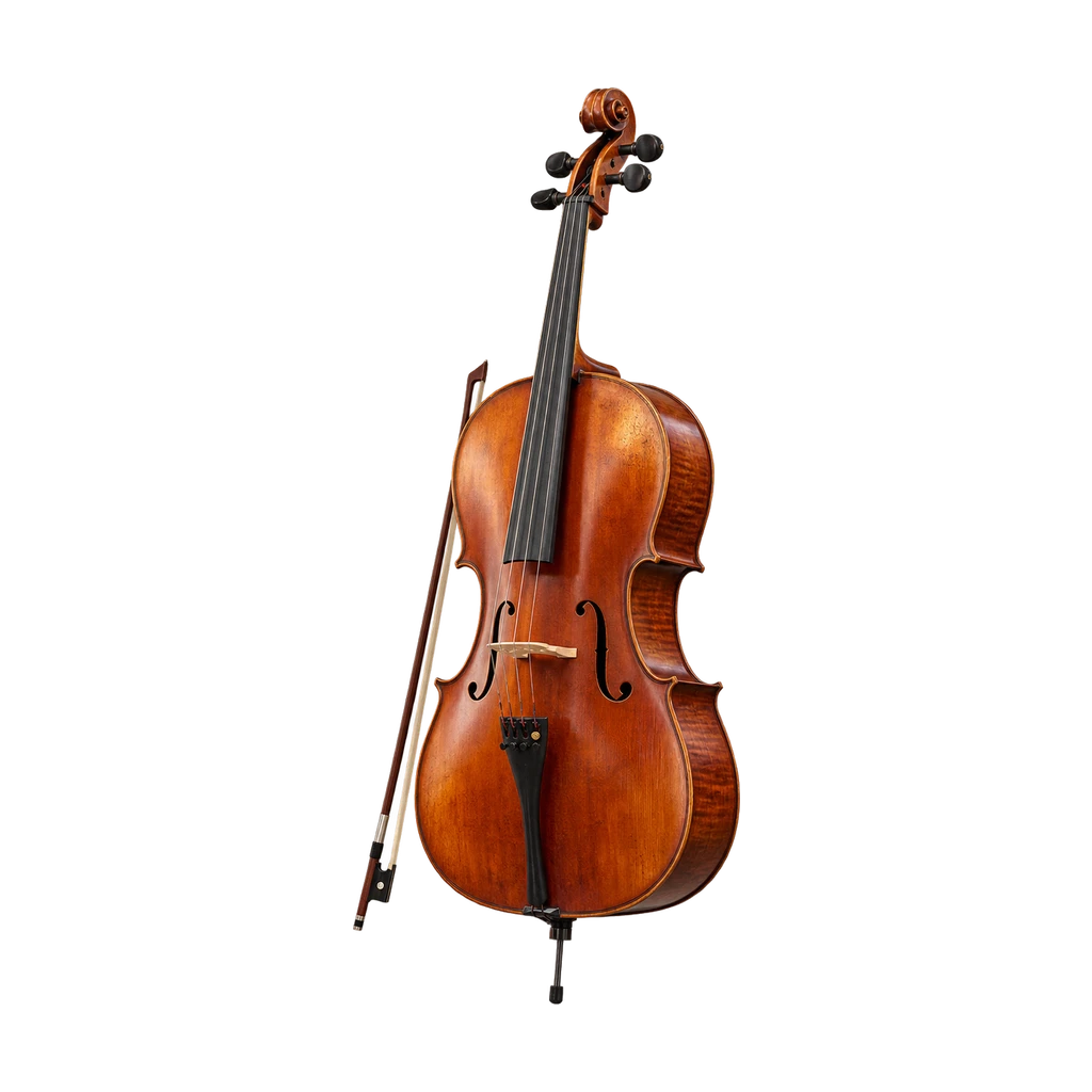 Cello op zijn pin met de strijkstok ertegenaan