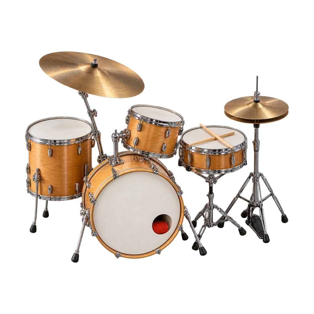 Klein jazzdrumstel in naturel hout met bronzen bekkens en gekruiste stokken