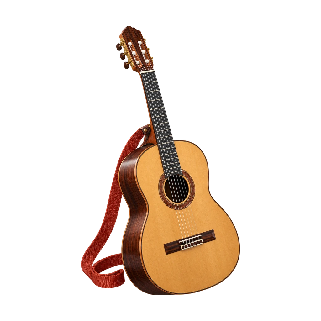 Klassieke gitaar met een lichte bovenkant en een rode draagband
