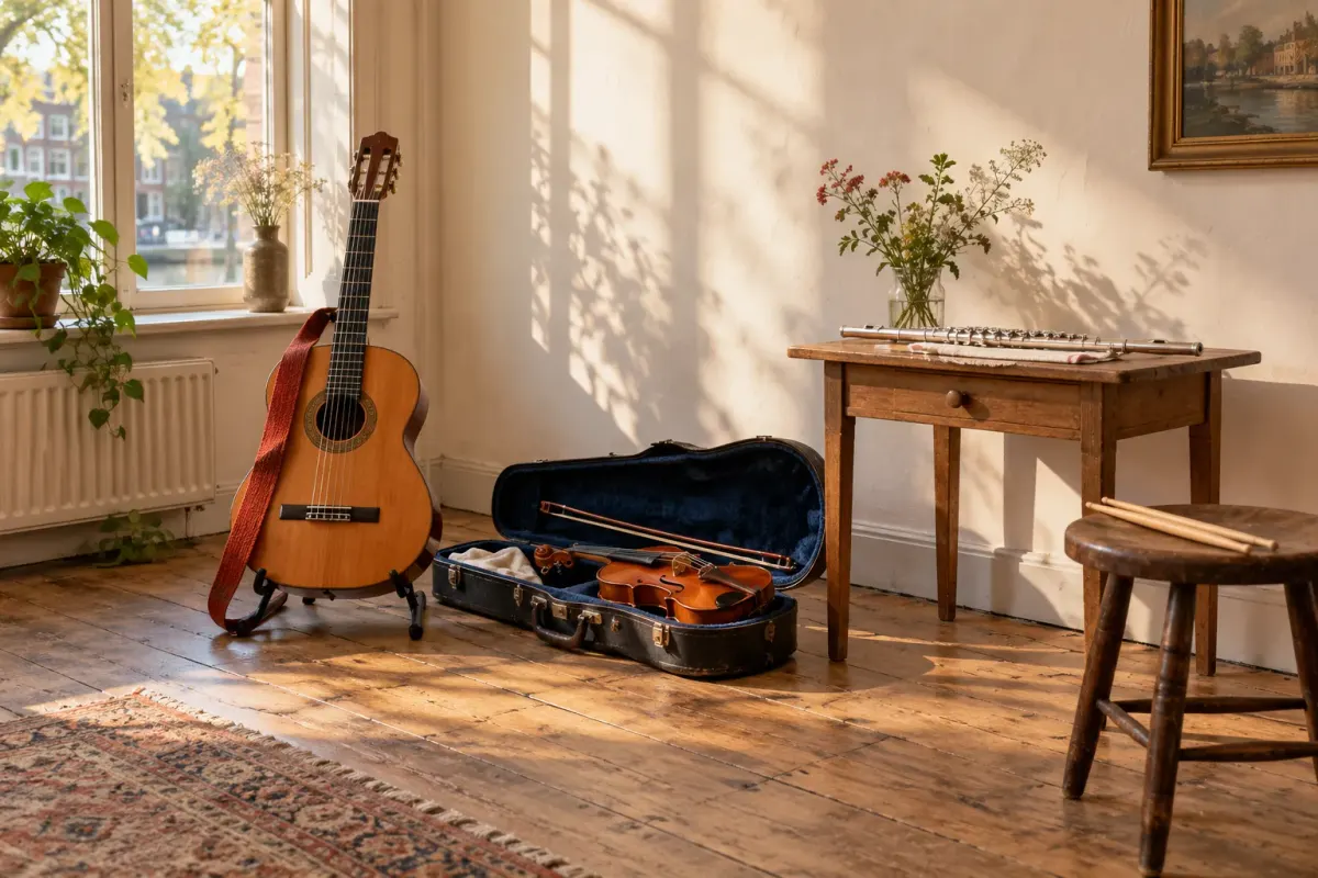 Gitaar, open vioolkist, dwarsfluit en drumstokken in een licht leslokaal