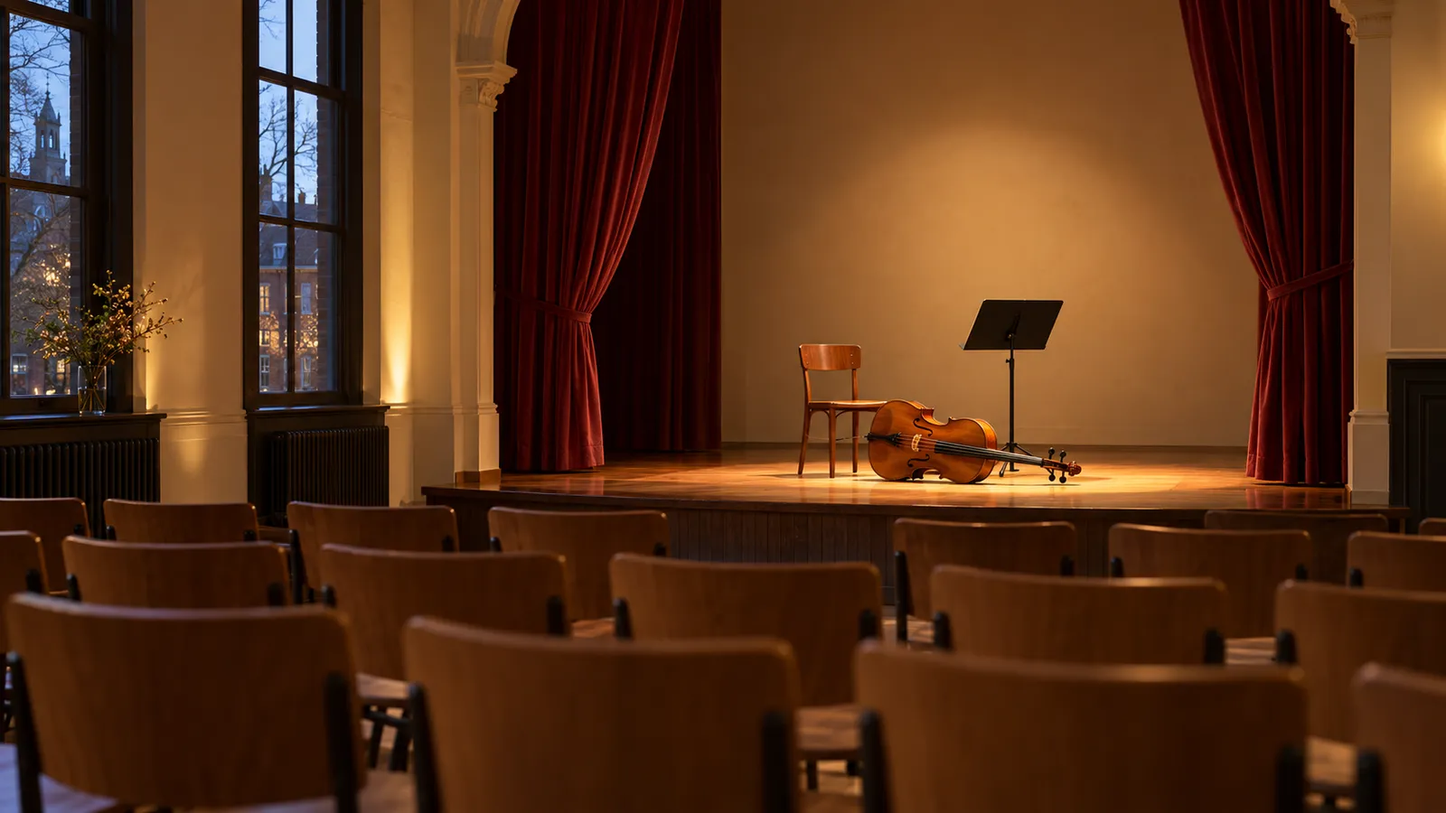 De zaal vlak voor de voorspeelavond: een cello naast een stoel en een lessenaar op het verlichte toneel, het rode doek opzij en lege stoelen in de zaal
