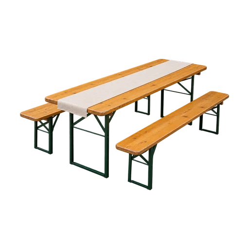 Houten biertafel met twee banken en een linnen loper