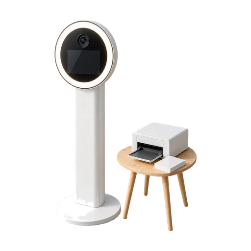Witte fotobooth met ringlamp naast een fotoprinter op een bijzettafel