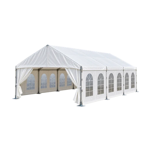Grote witte partytent van 6 bij 12 meter met zijwanden en ramen