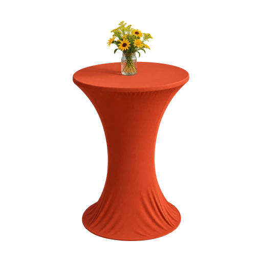 Ronde statafel met een oranjerode stretchrok en een glazen pot met gele bloemen