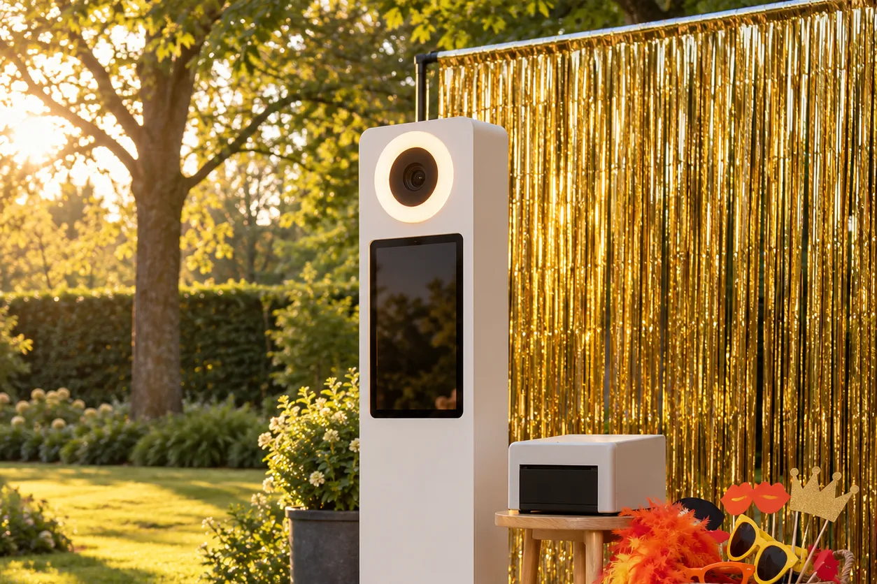 Een fotobooth op een houten terras met een mand vol feestrekwisieten