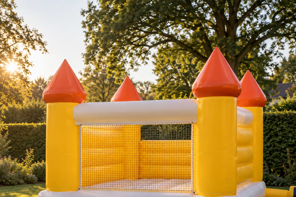 Een leeg geel springkussen met torentjes op een gemaaid gazon