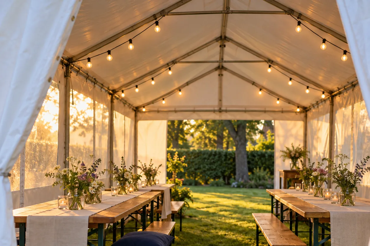 Een witte feesttent bij schemering met lampjes langs het dak en gedekte biertafels