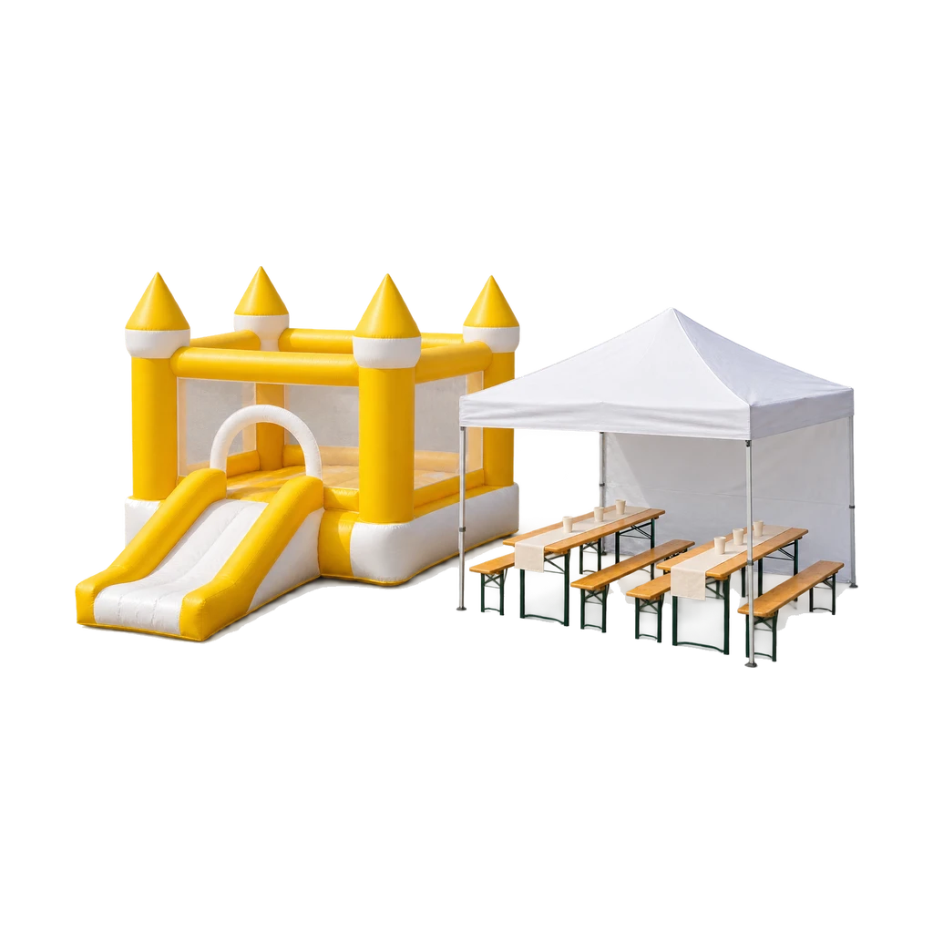 Springkussen met glijbaan, een kleine partytent en twee biertafelsets op een gazon