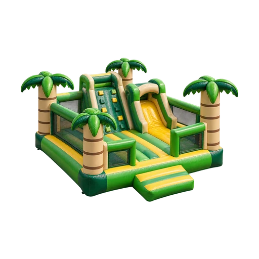 Junglecombi met springvloer, klimwand, korte glijbaan en opgeblazen palmbomen