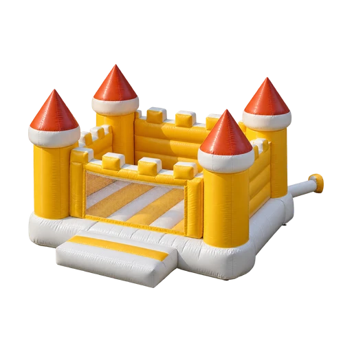 Springkussen in de vorm van een kasteel met vier torens, geel met oranjerode daken