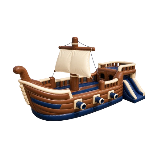 Springkussen in de vorm van een piratenschip met een mast en een effen zeil