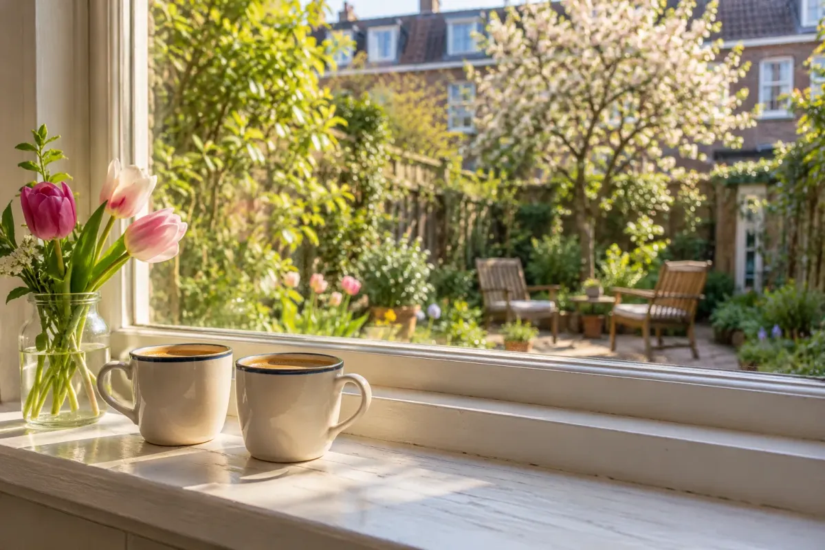 Twee koffiekopjes op een vensterbank met uitzicht op een tuin met twee stoelen