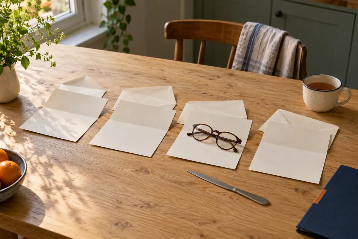 Geopende blanco brieven en enveloppen op een eiken keukentafel met een leesbril en een kop thee