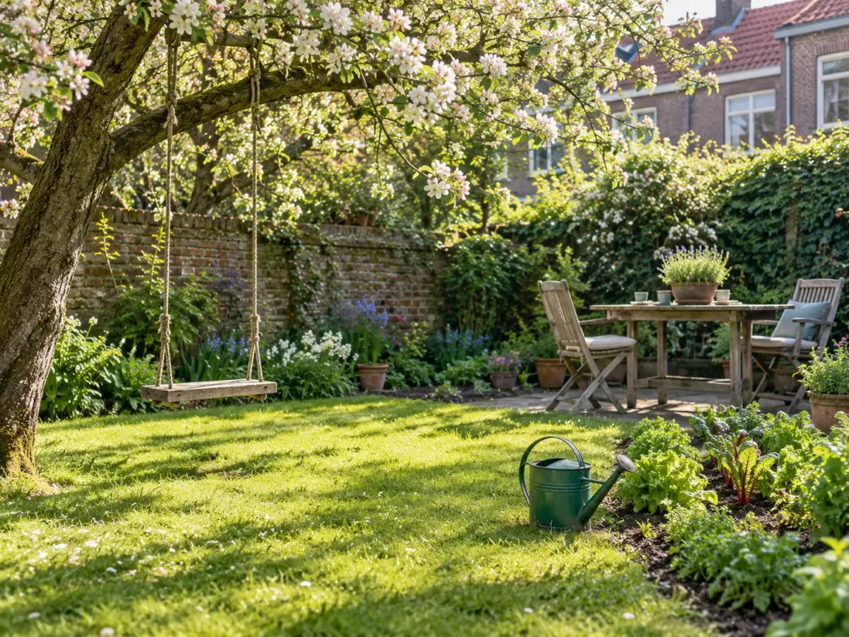 Achtertuin met een houten schommel onder een bloeiende appelboom