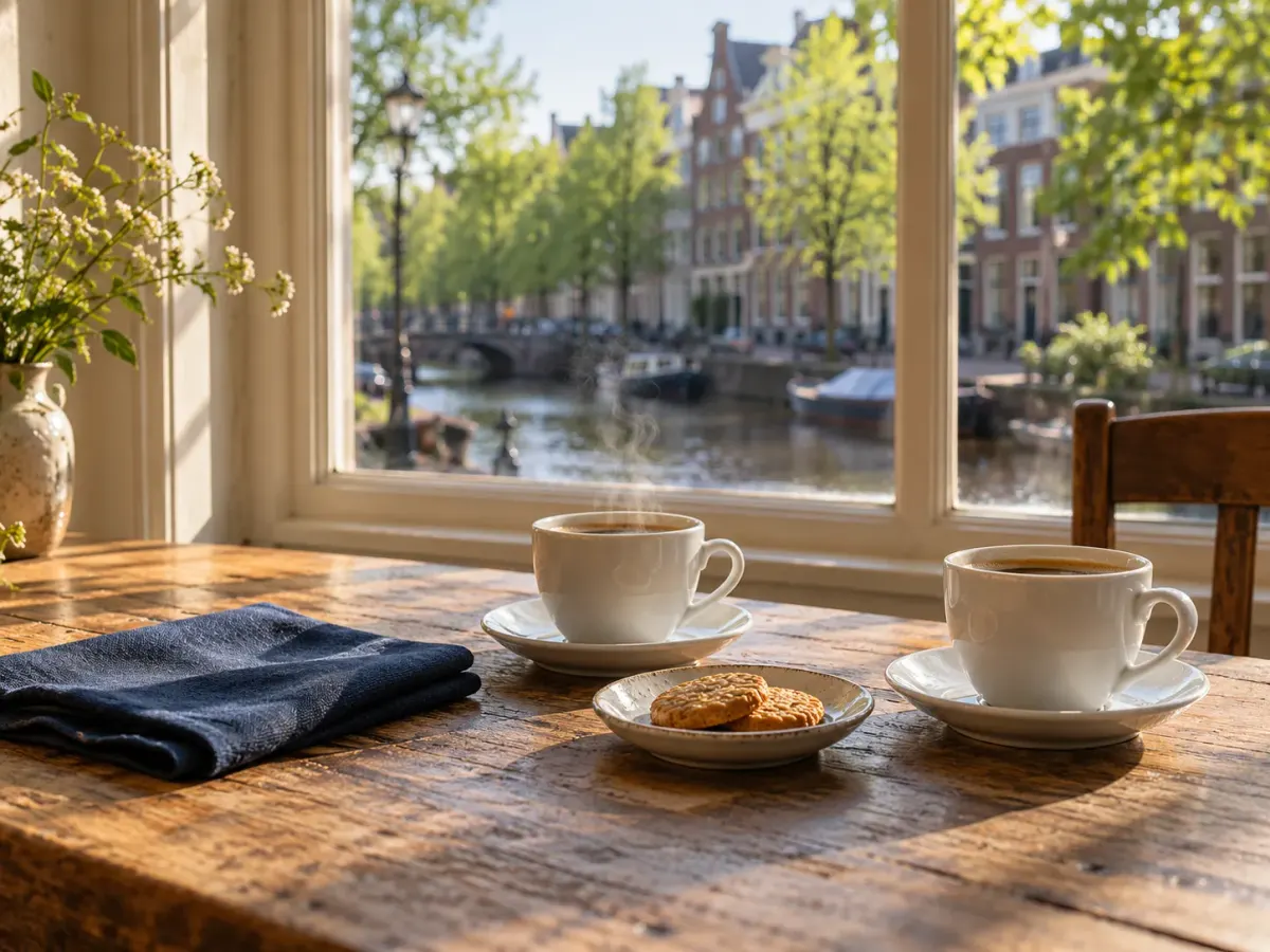 Twee koppen koffie naast elkaar op een eikenhouten tafel bij een hoog raam