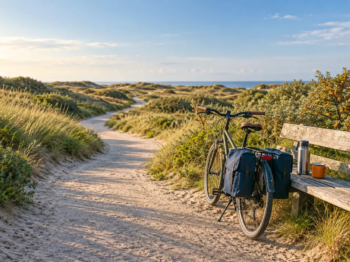 Toerfiets met blauwe tassen tegen een bankje aan een fietspad door de duinen