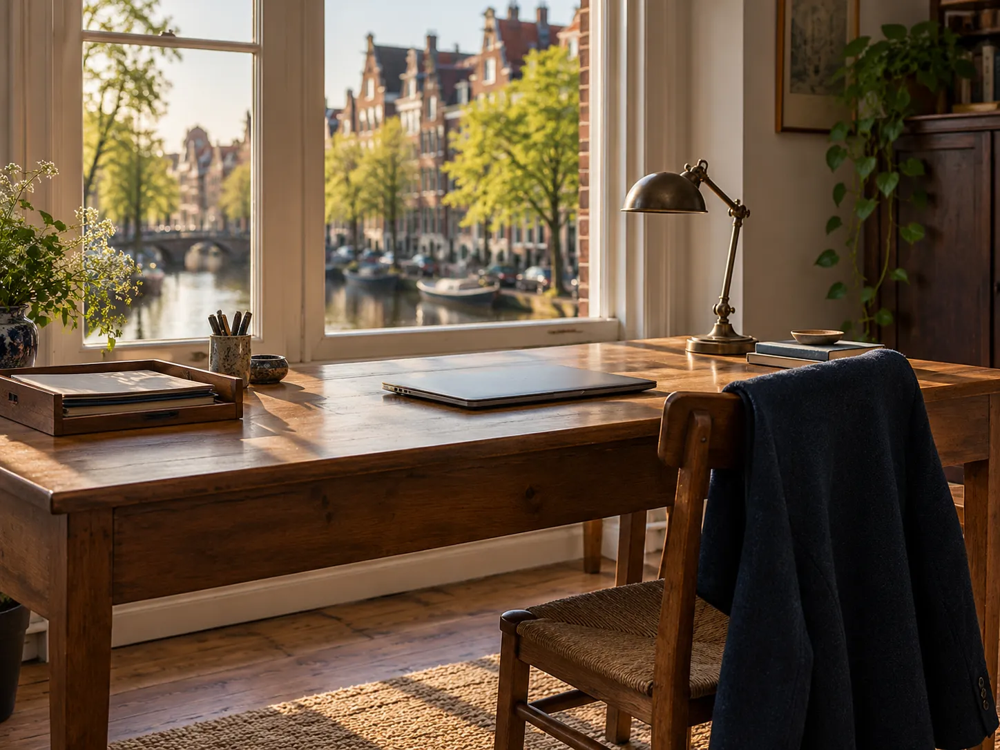 Opgeruimd bureau aan het eind van de werkdag, met een jasje over de stoel en de gracht achter het raam
