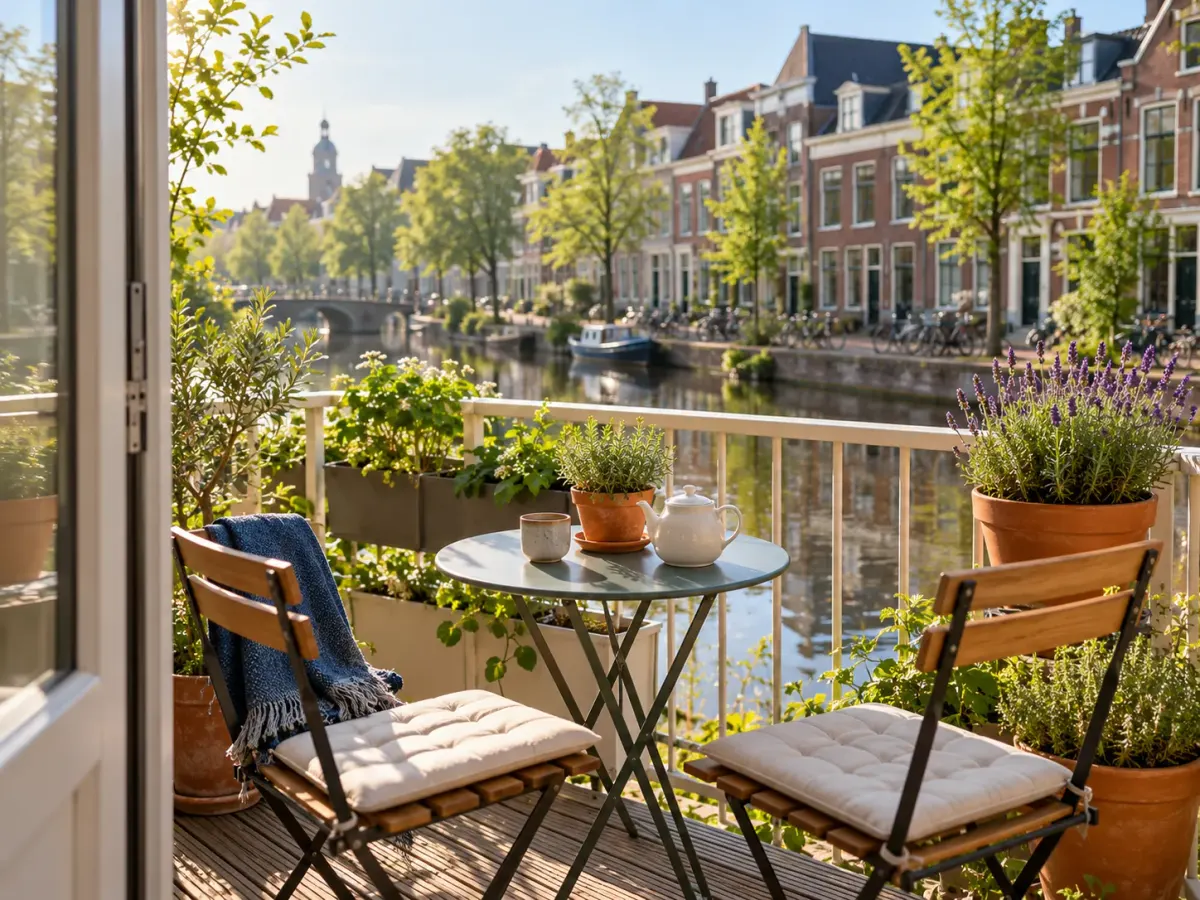Zonnig balkon met twee houten klapstoelen en kruiden boven een gracht in Leiden