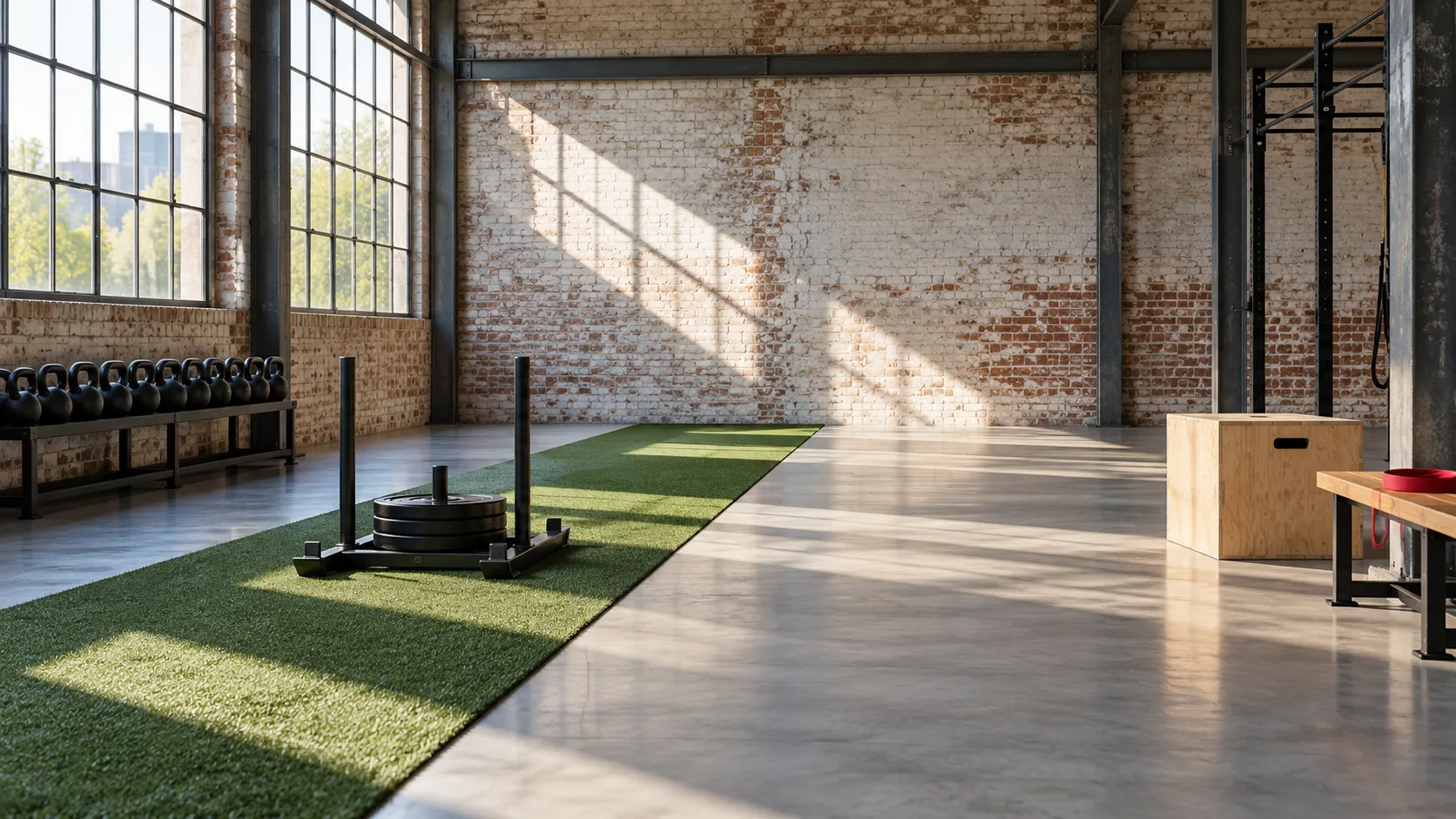 Lege trainingsstudio in een oude fabriekshal met ochtendlicht, een slee op een baan kunstgras en een rek kettlebells onder de hoge ramen